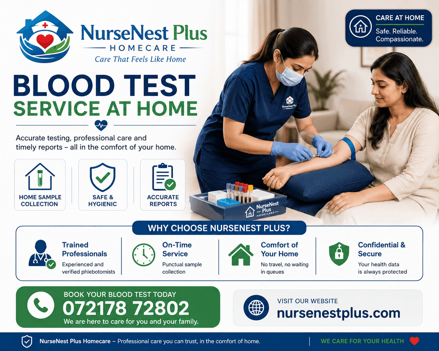 Blood test service at home in Bangalore — NurseNest Plus nurse collecting a blood sample from a patient at home, with home sample collection, safe and hygienic technique and accurate reports