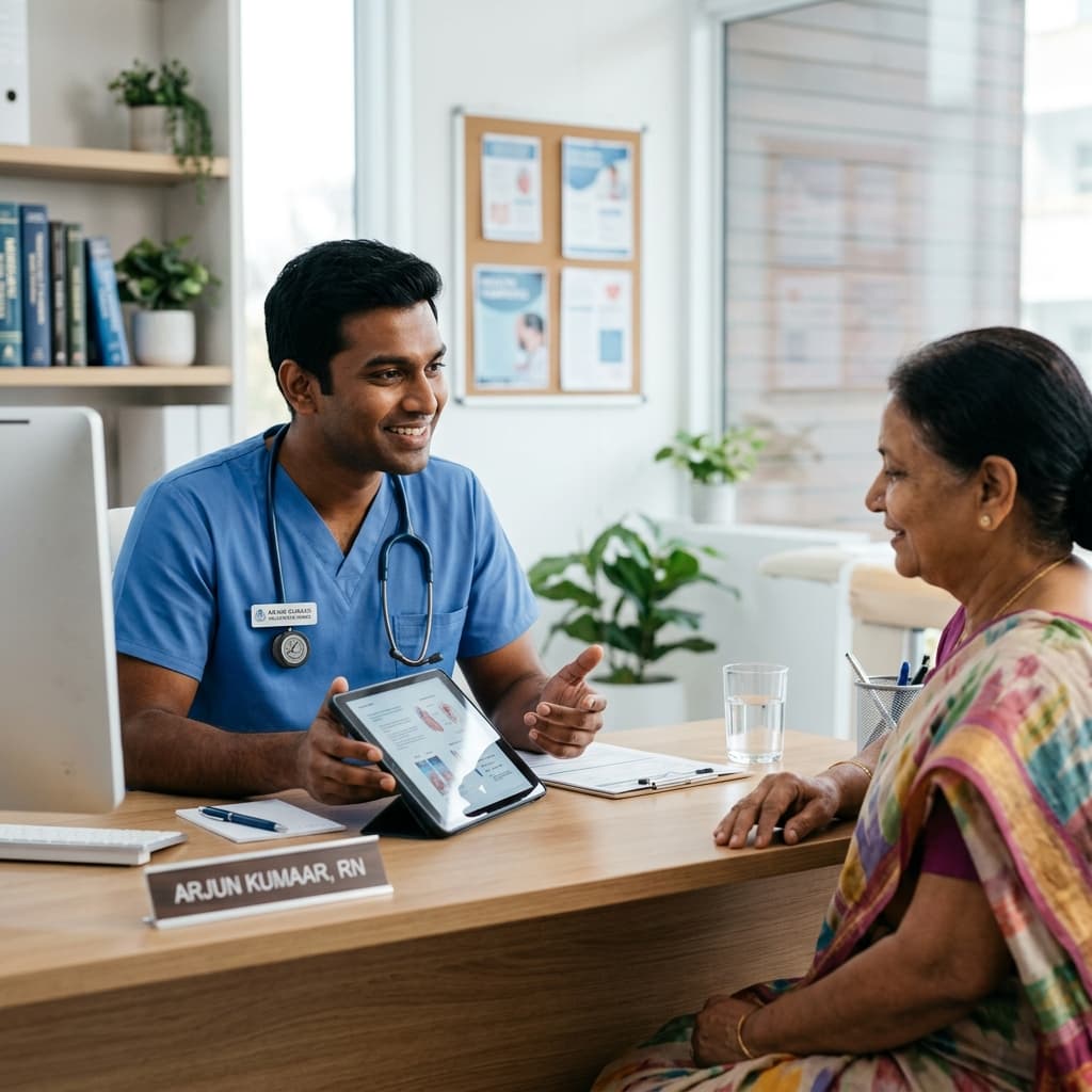 Nurse Nest Plus professional nurse ready to answer your questions about home nursing services in Bangalore