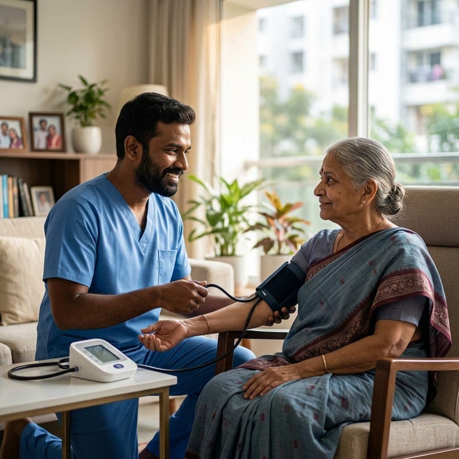 Professional home nursing care in Bangalore - Nurse Nest Plus nurse providing compassionate healthcare at home